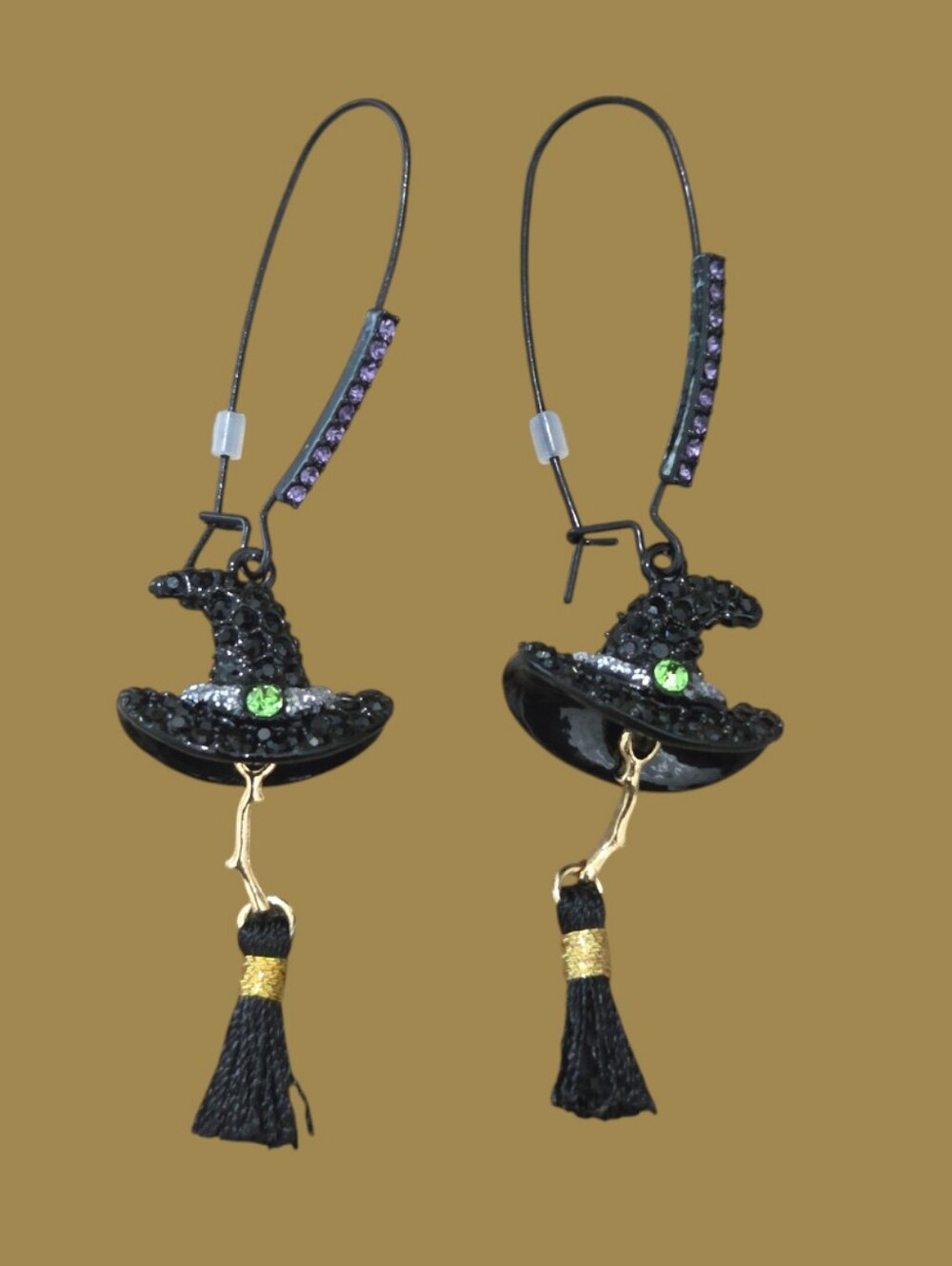 Betsey Johnson Black Witch Hat Tassel Earrings with Green and Purple Accents